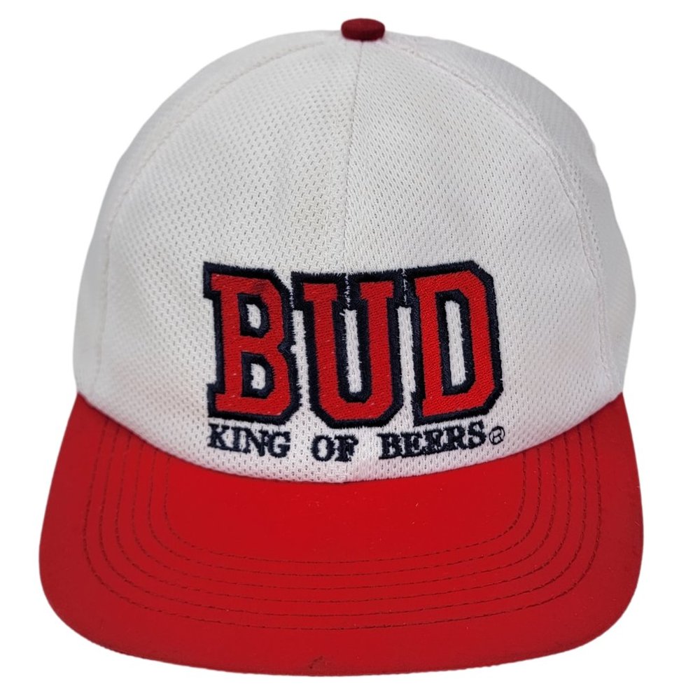 Budweiser King of Beers Snapback Hat White Red Mesh Trucker Vintage USA Made 90s
